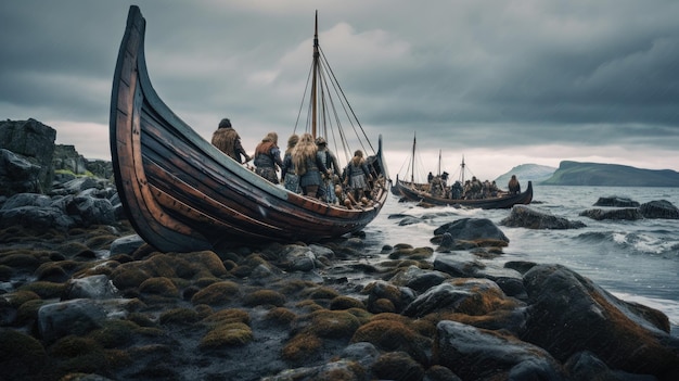 Photo a photo of a viking reenactment rugged coastline backdrop