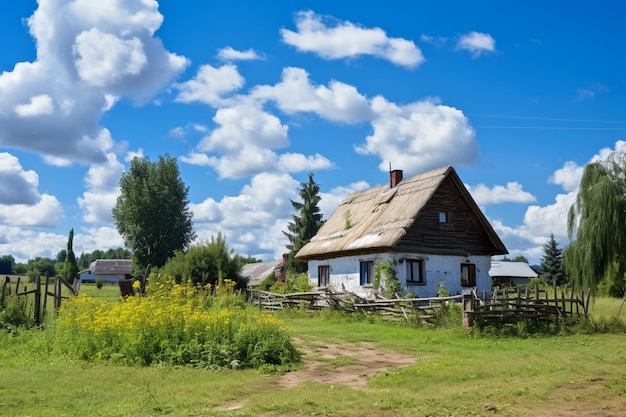 Фото Фото деревенский дом в летний день голубое небо на поверхности