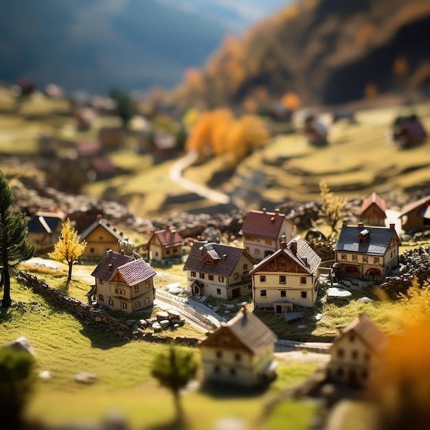 Foto foto di un villaggio di montagna con un obiettivo tilt-shift