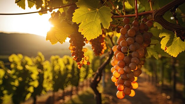 A photo of a vineyard at early evening with warm golden light and a relaxed atmosphere