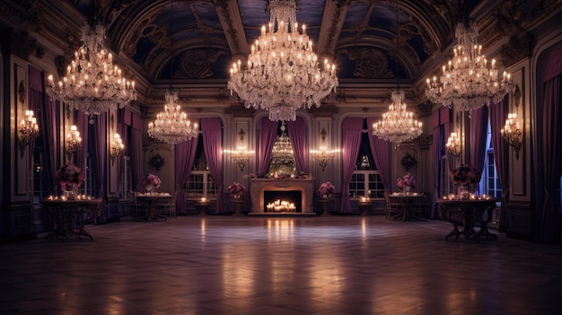 A photo of a vintage ballroom with crystal chandeliers candlelight