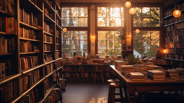 木製の書棚と柔らかいオーバーヘッド照明を備えたヴィンテージ書店の写真