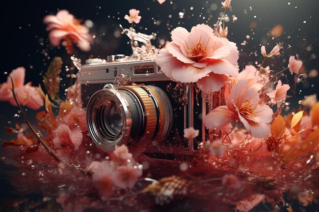 Photo vintage camera in flowers and plants background