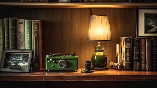 A photo of a vintage camera on a wooden desk bookshelf backdrop