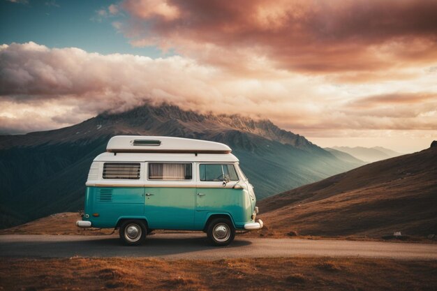 Photo of a vintage campervan on a hilly Road