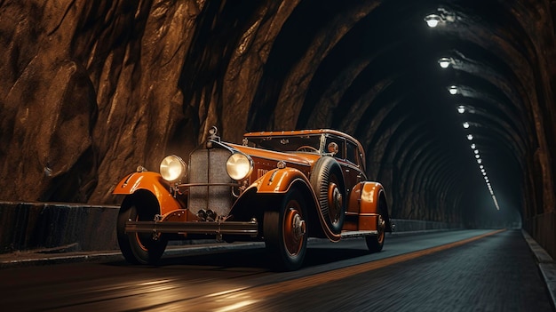 A photo of a vintage car driving through a tunnel