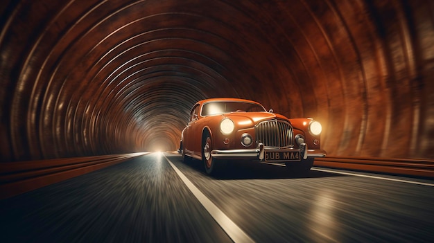 A photo of a vintage car driving through a tunnel