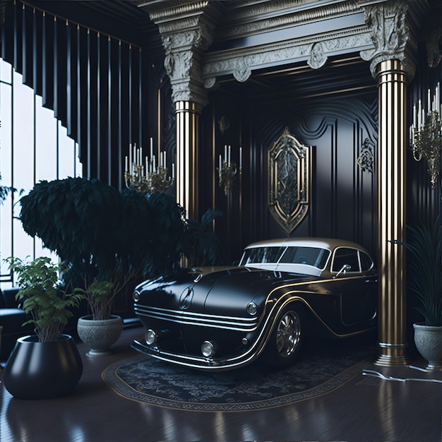 Photo of a vintage car parked inside a spacious room