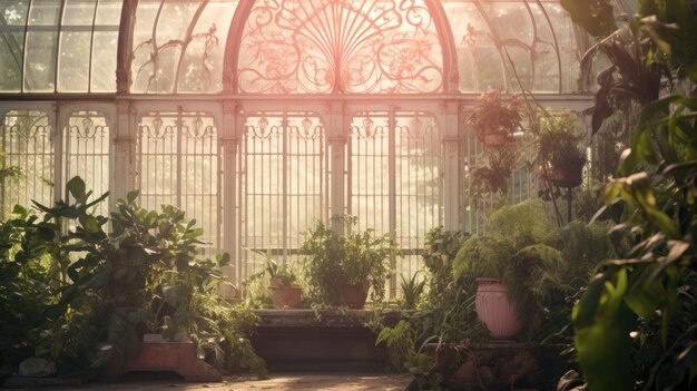 Photo a photo of a vintage greenhouse with ornate metalwork soft diffused light