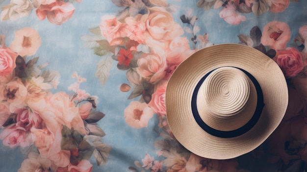 A photo of a vintage hat floral wallpaper backdrop