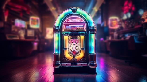 A photo of a vintage jukebox with colorful lights