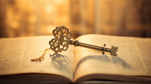 A photo of a vintage key in a dusty old book soft diffused light