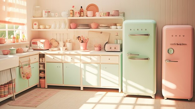 A photo of a vintage kitchen with retro appliances warm sunlight