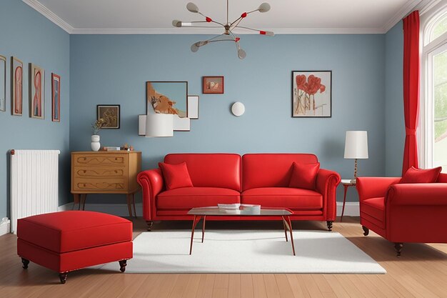 Photo vintage living room red sofa on white floor and light blue wall 3d render