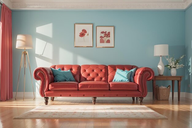 Photo vintage living room red sofa on white floor and light blue wall 3d render