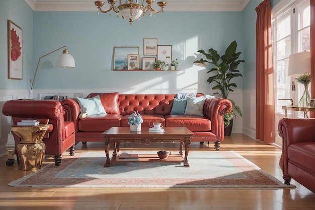 Фото винтажная гостиная с красным диваном на белом полу и светло-голубой стеной 3d рендеринг