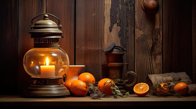 A photo of a vintage oil lamp wooden shelf backdrop