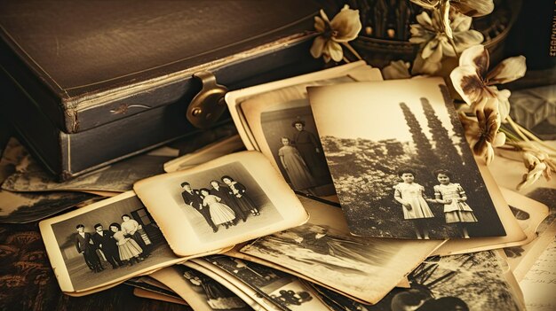 A photo of a vintage photo album with aged photographs soft natural light