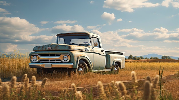 A photo of a vintage pickup truck in a field