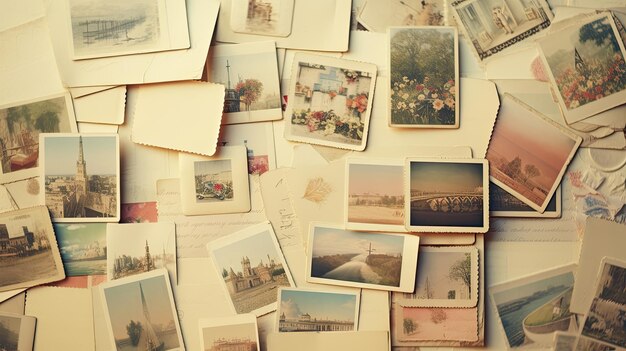 A photo of a vintage postcard collection soft diffused light