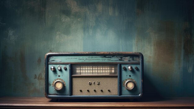 Photo a photo of a vintage radio on a distressed wooden cabinet soft evening light