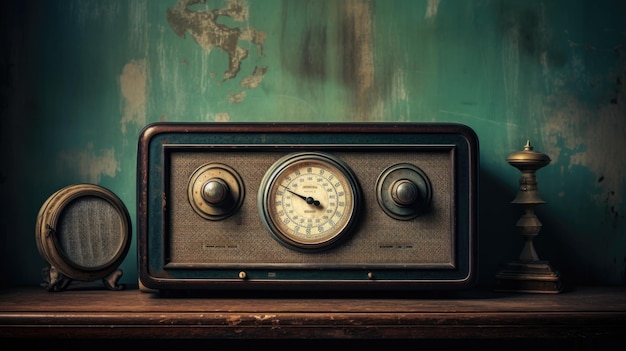 A photo of a vintage radio on a distressed wooden cabinet soft evening light