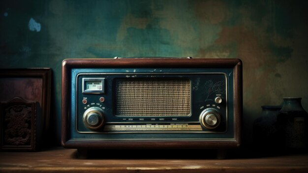 Photo a photo of a vintage radio on a distressed wooden cabinet soft evening light