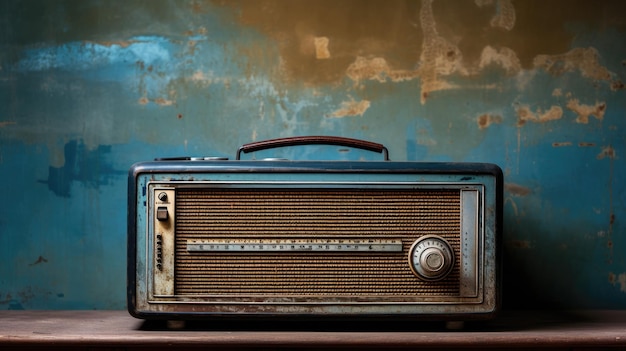 Photo a photo of a vintage radio on a distressed wooden cabinet soft evening light