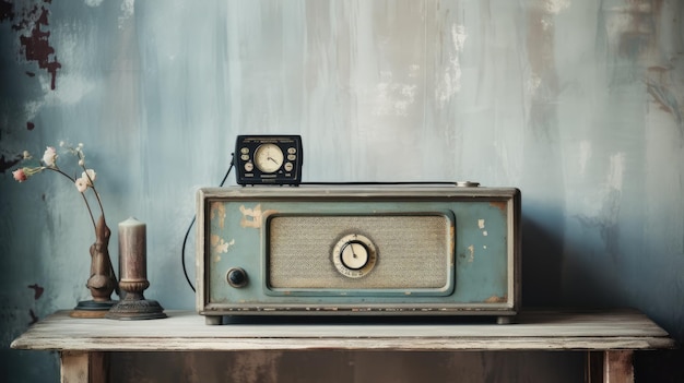 Photo a photo of a vintage radio on a distressed wooden cabinet soft evening light
