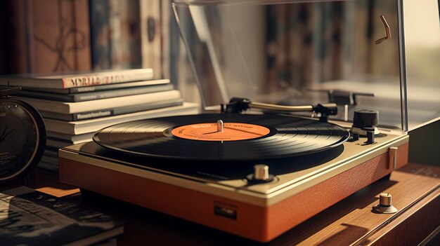 A photo of a vintage record player and vinyl records