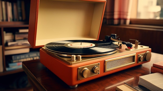 A photo of a vintage record player with vinyl record
