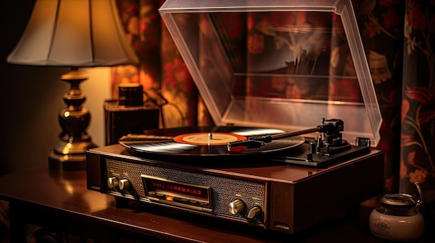 A photo of a vintage record player with vinyl records warm lamp light