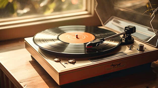 Photo a photo of a vintage record player on a wooden floor soft natural light