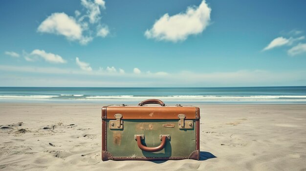 Foto una foto di una valigia d'epoca su una spiaggia deserta