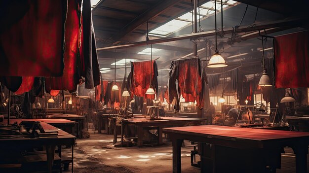 A photo of a vintage tannery with leather hides warm overhead lighting