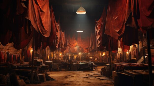 Photo a photo of a vintage tannery with leather hides warm overhead lighting