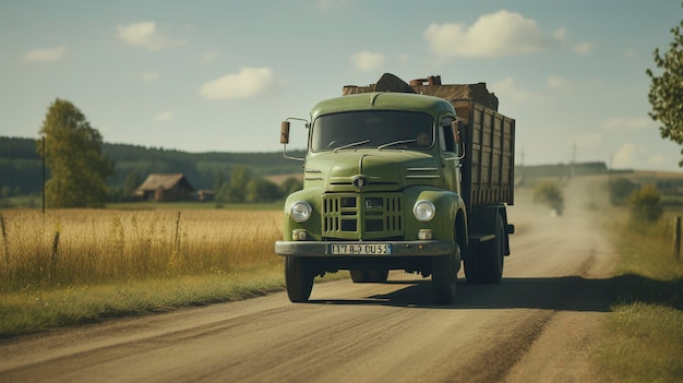 A photo of a vintage truck on a rural road