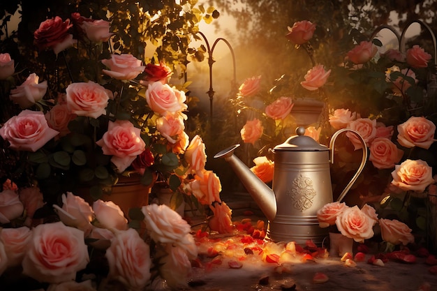 Photo of Vintage watering can amidst blooming roses Flower Garden