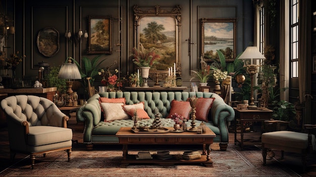 A photo of a vintageinspired living room