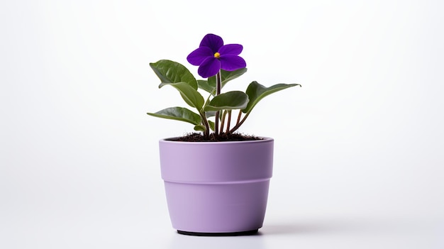 Фото фиолетового цветка в горшке как комнатное растение для украшения дома на белом фоне