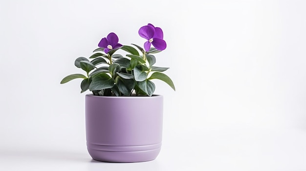 Photo of Violet flower in pot isolated on white background