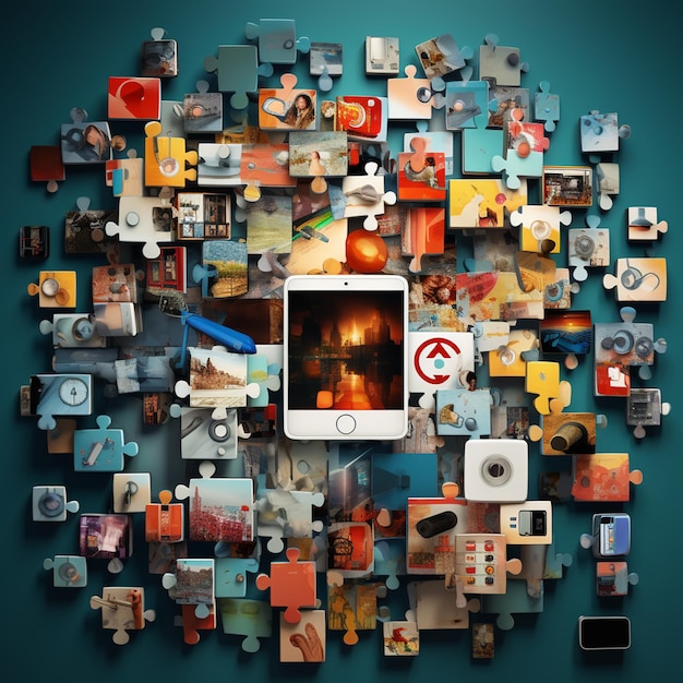 photo viral content jigsaw puzzle with blocks of application icons