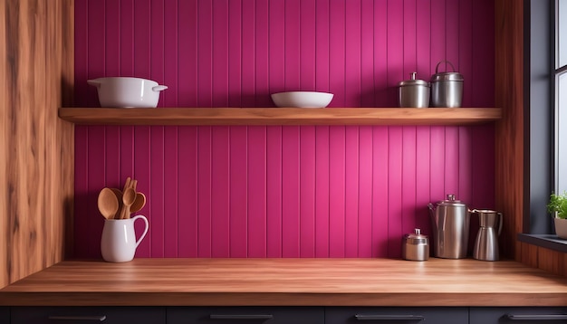 photo viva magenta wall panelling with wooden shelf in kitchen room