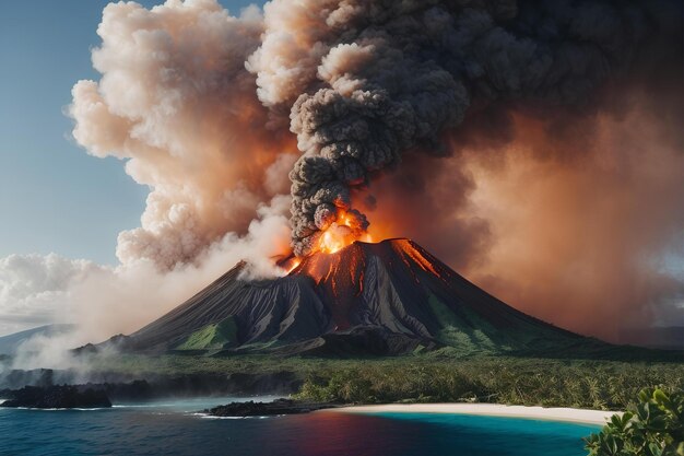 Foto foto di un vulcano in eruzione nel mezzo di un'isolav