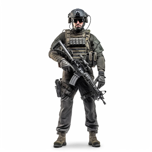photo volledig uitgeruste soldaat in camouflage-uniform met een aanvalsgeweer