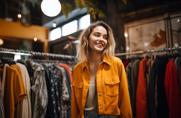 photo Vrouw in het midden van een kledingwinkel