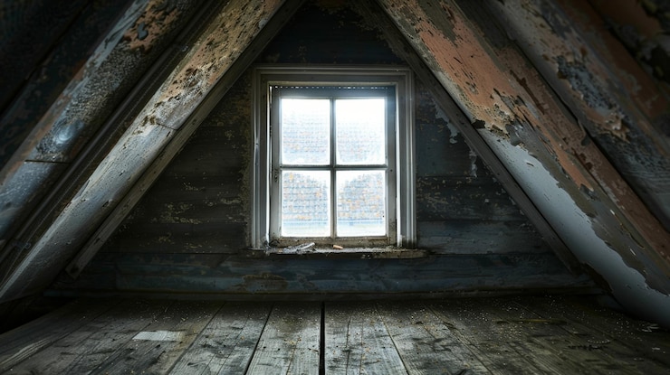 Photo a photo of vshaped attic closing on a window giving depth behind outside the window bad weather ar 169 job id 16c88a223ed840e98f571218d51a2268