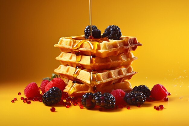 Photo waffles with berries pouring honey on top and yellow background