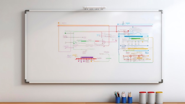 A photo of a wallmounted whiteboard with markers