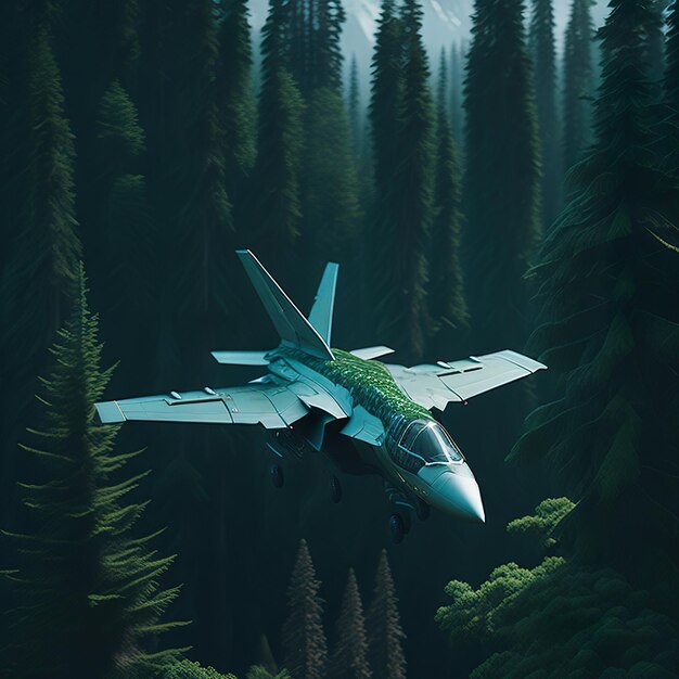 Foto foto aereo da guerra dal design moderno che sorvola la foresta sullo sfondo